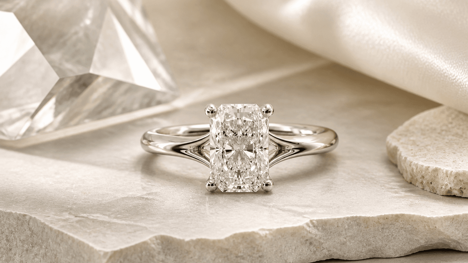 Estelle Radiant Diamond Engagement Ring styled for how lab-grown diamonds are made