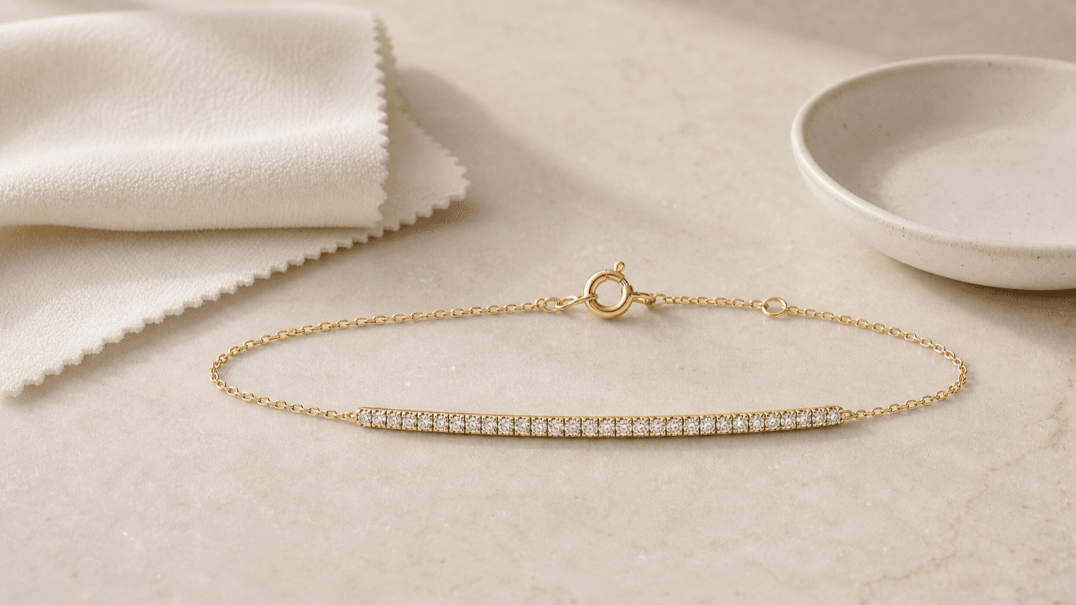 Whisper Diamond Bar Bracelet styled for how to care for diamond jewelry