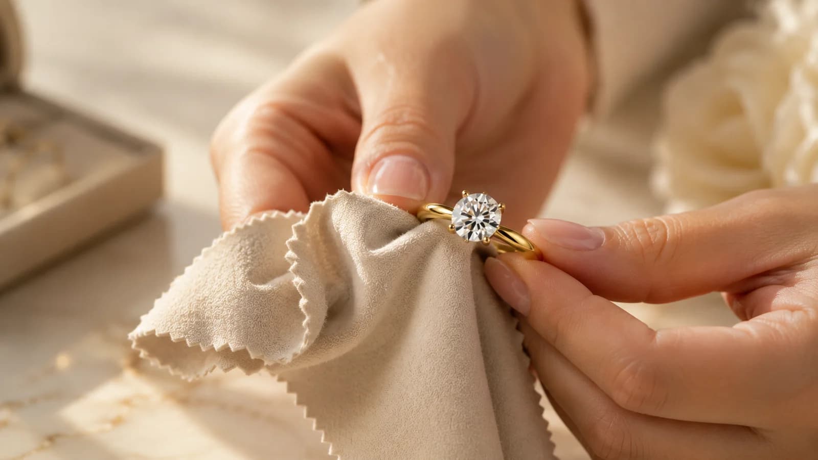 A Lumière diamond ring being cleaned carefully with a soft cloth.