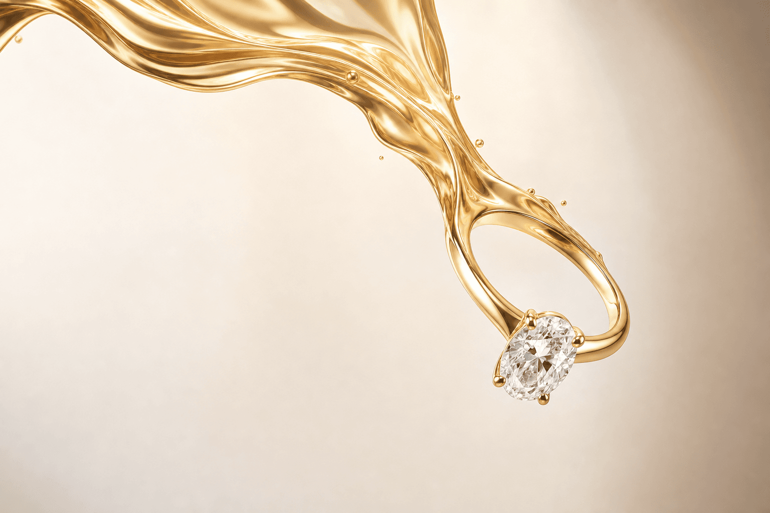 Molten 18K yellow gold flowing into a Lumière lab-grown diamond engagement ring