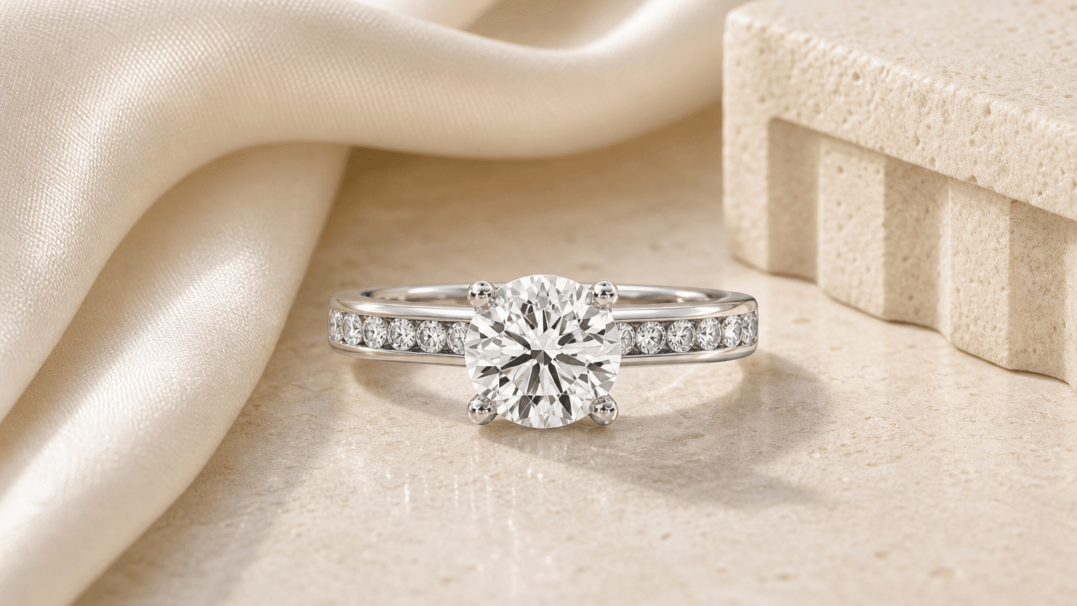 Camille Channel-Set Round Diamond Engagement Ring styled for engagement ring settings explained