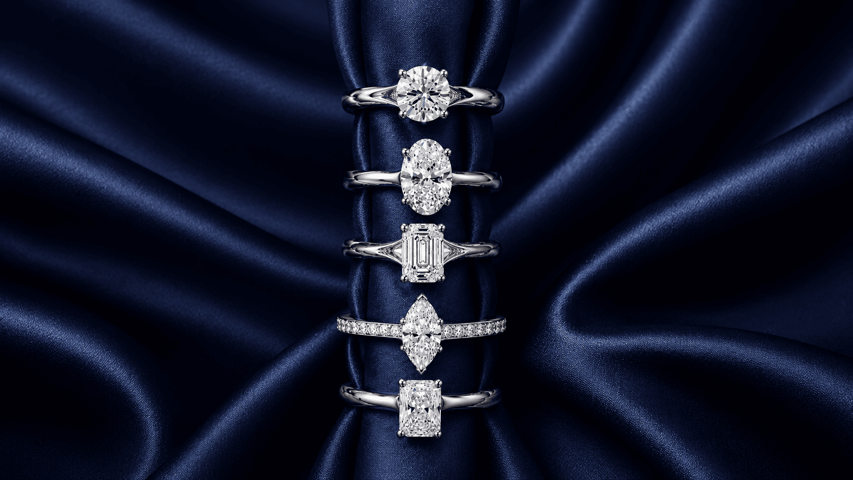 Lumière engagement rings with round, emerald, oval, radiant, and marquise lab-grown diamonds stacked together