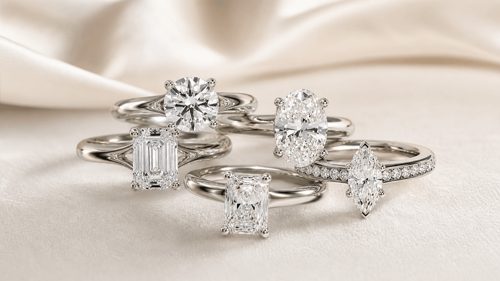 Lumière engagement rings with round, emerald, oval, radiant, and marquise lab-grown diamonds stacked together
